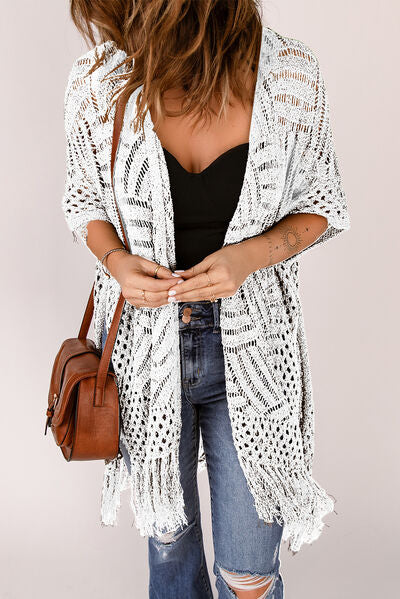 Openwork Open Front Cardigan with Fringes - Image 2