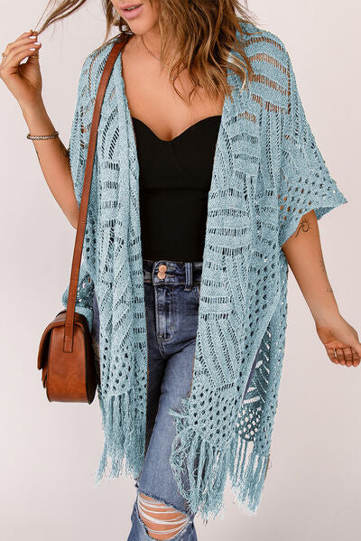 Openwork Open Front Cardigan with Fringes - Image 5