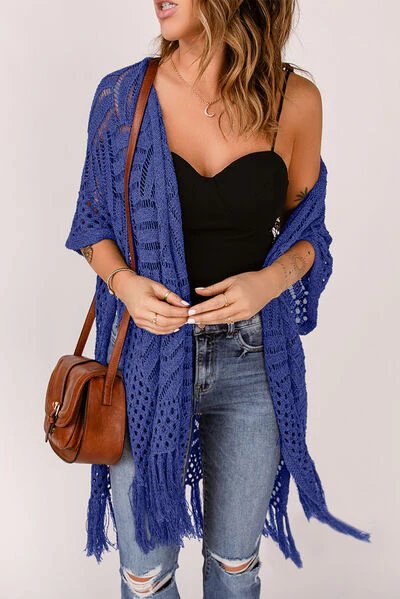 Openwork Open Front Cardigan with Fringes - Image 7