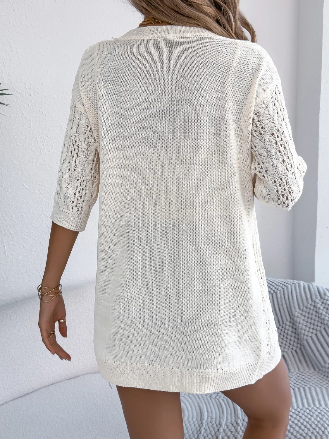 Openwork Open Front Half Sleeve Cardigan - Image 6