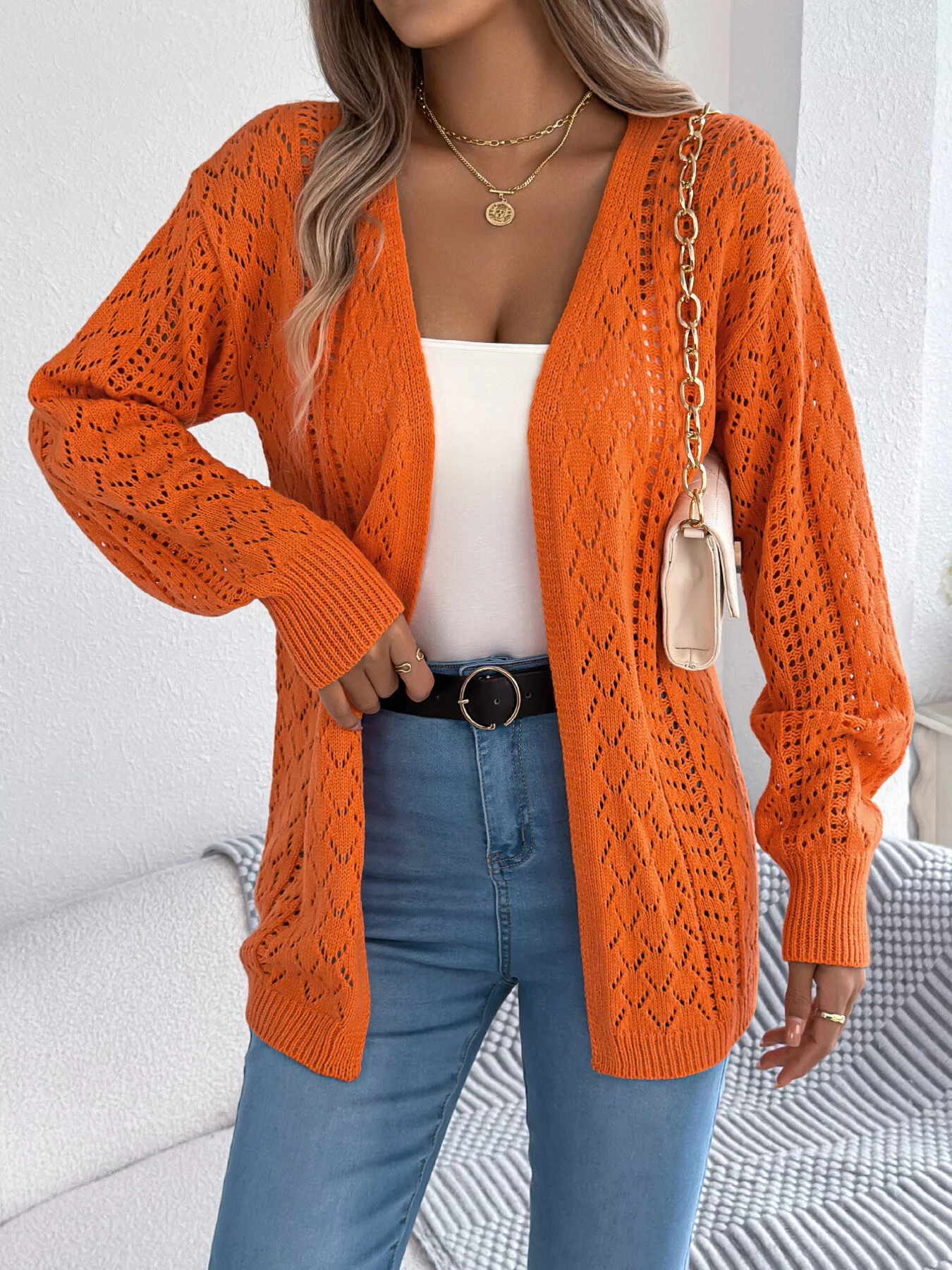 Openwork Open-Front Long Sleeve Cardigan - Image 4
