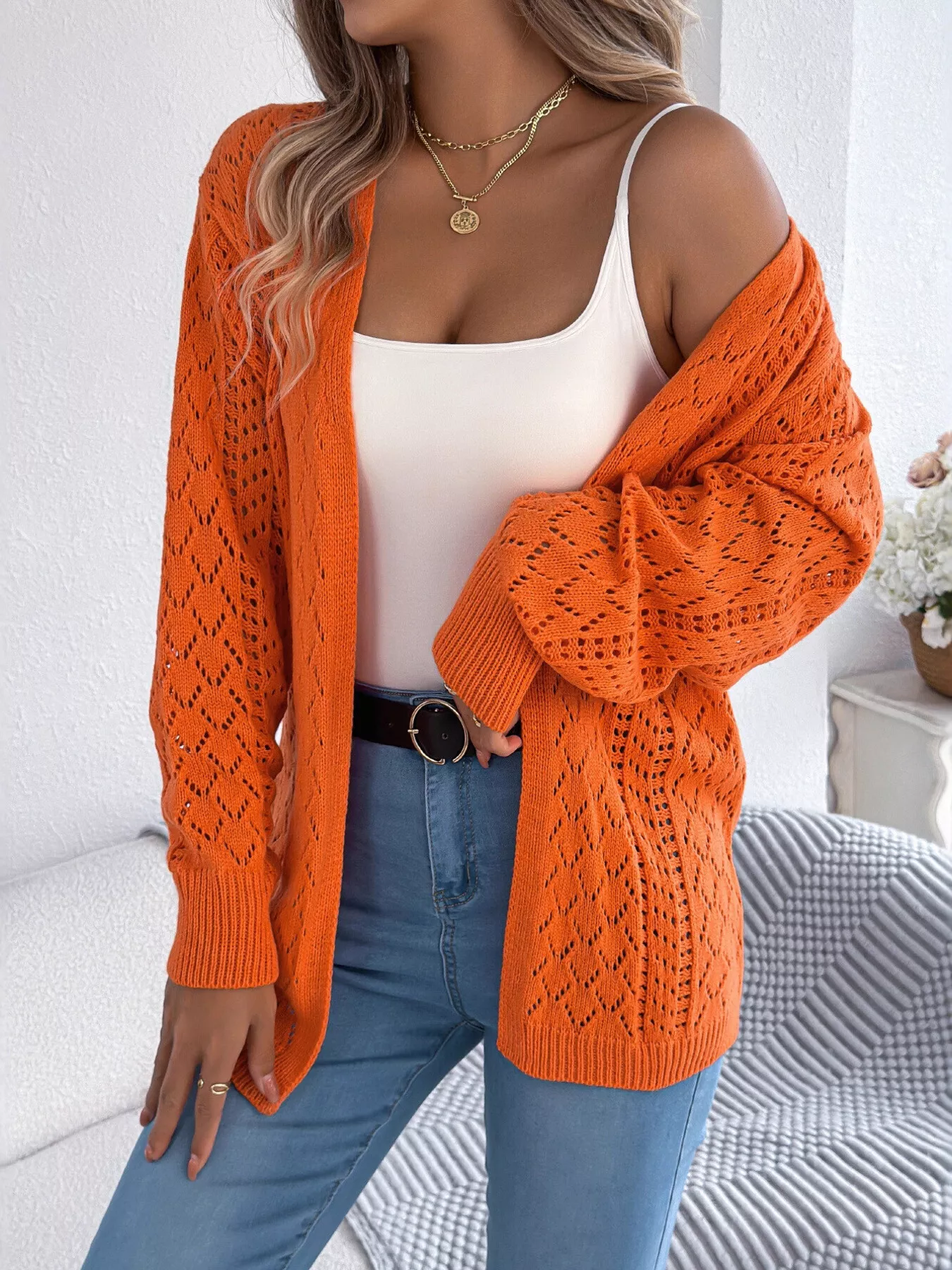 Openwork Open-Front Long Sleeve Cardigan - Image 6