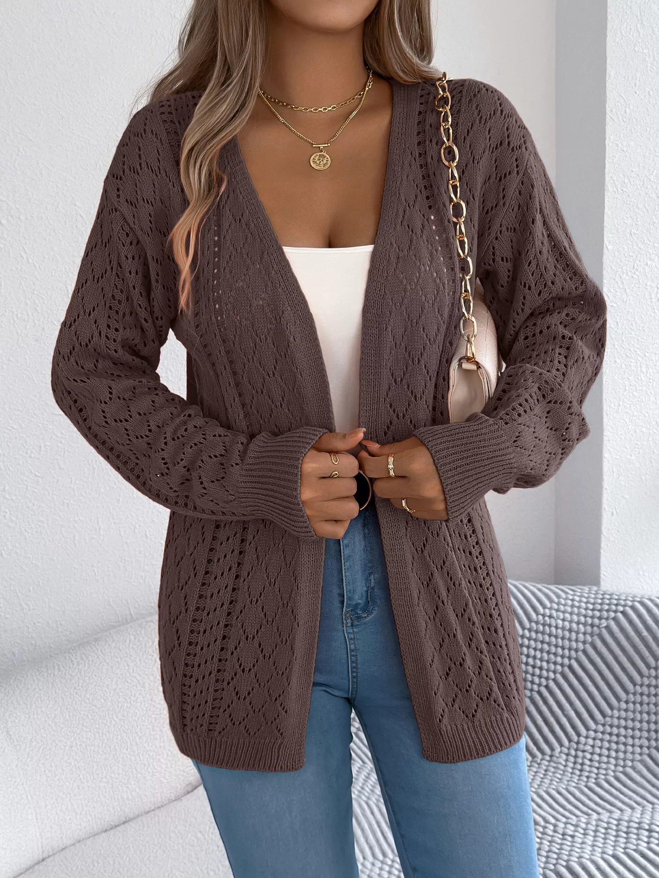 Openwork Open-Front Long Sleeve Cardigan - Image 9