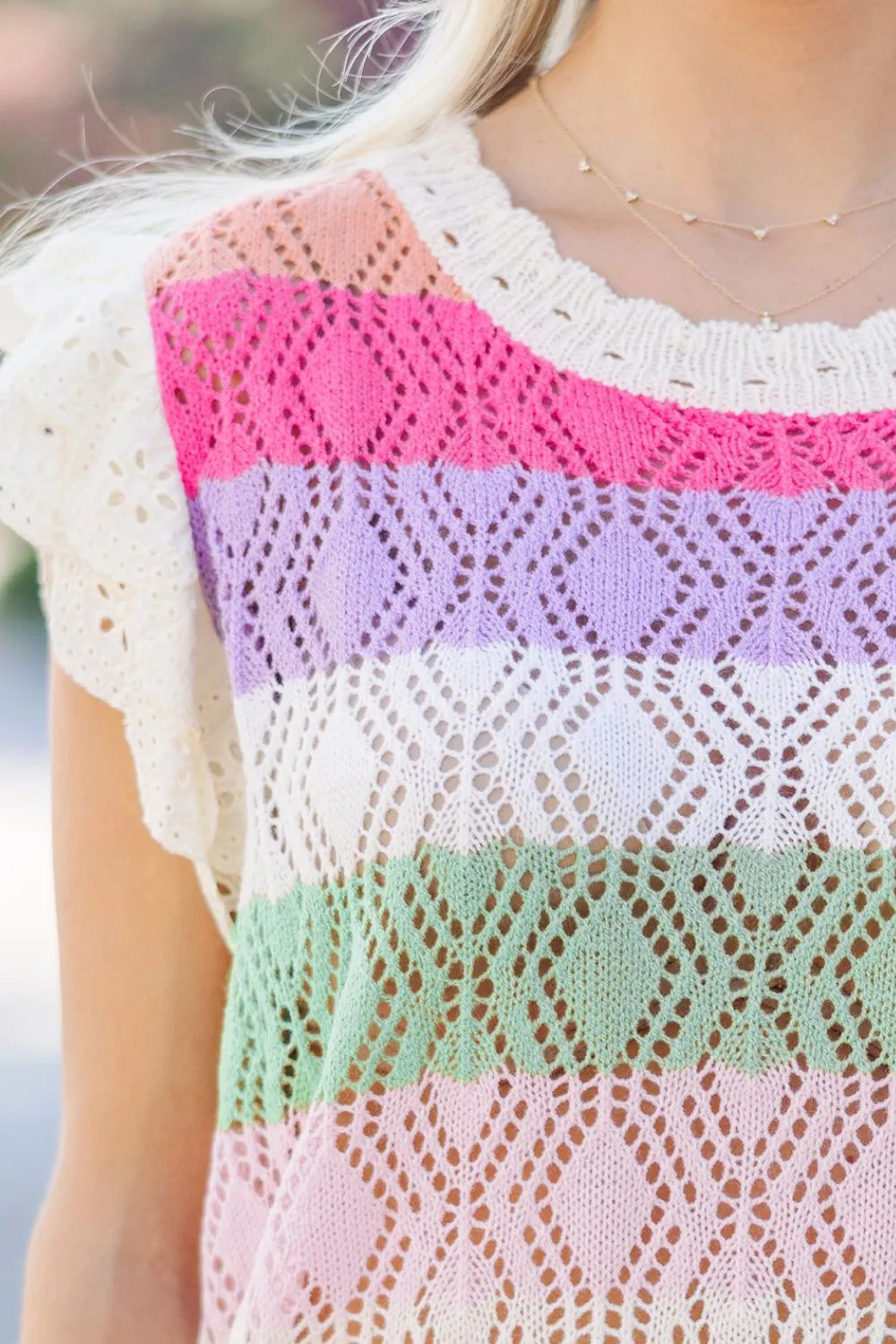 Openwork Round Neck Cap Sleeve Knit Top - Image 5