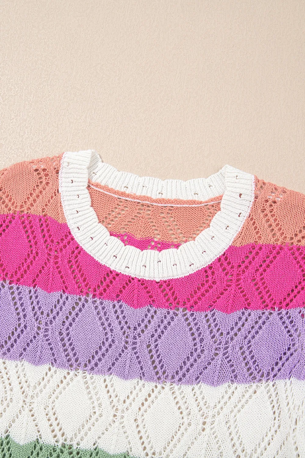 Openwork Round Neck Cap Sleeve Knit Top - Image 8