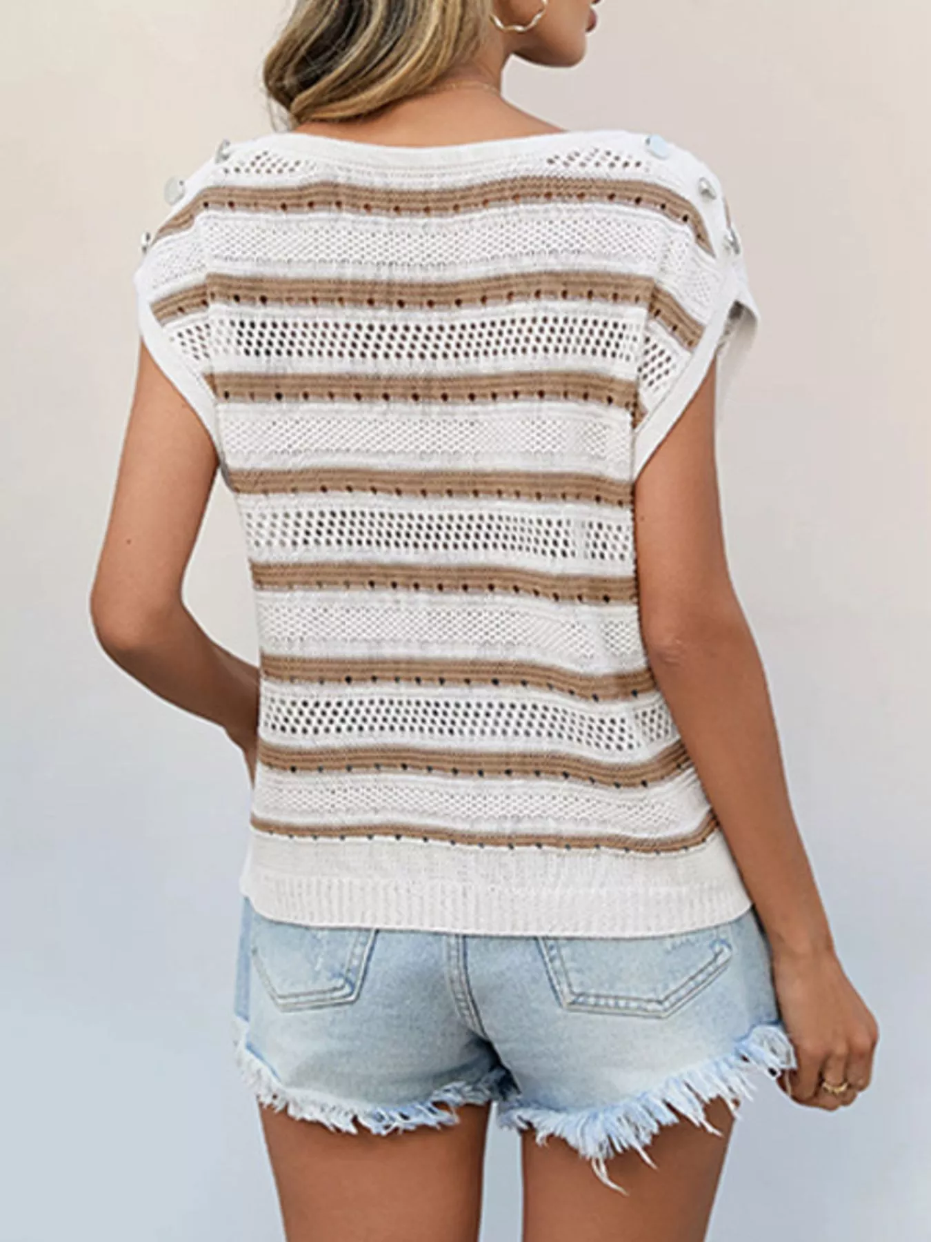 Openwork Round Neck Cap Sleeve Knit Top - Image 3