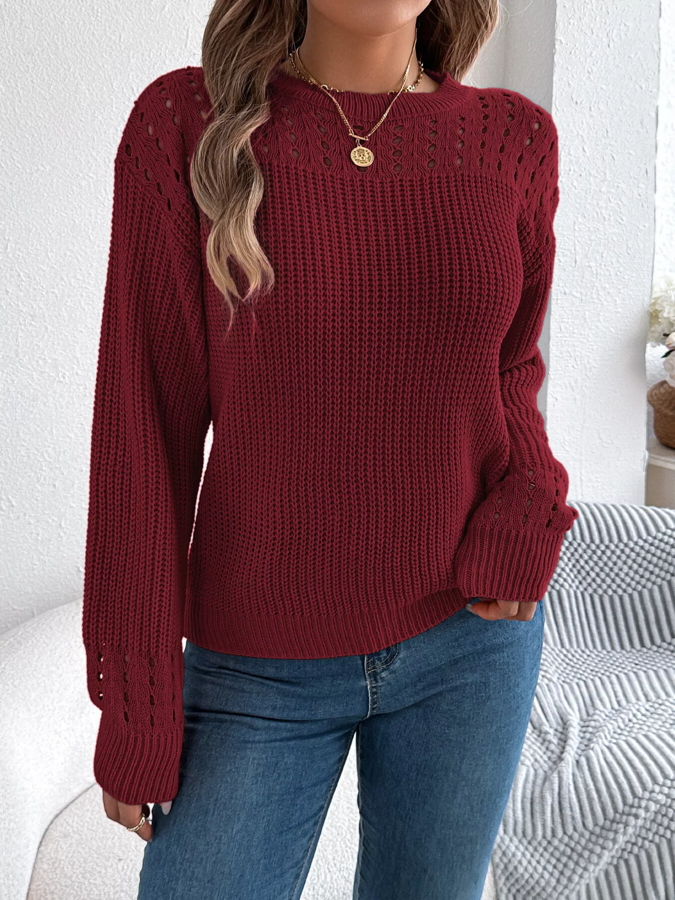 Openwork Round Neck Long Sleeve Sweater - Image 5