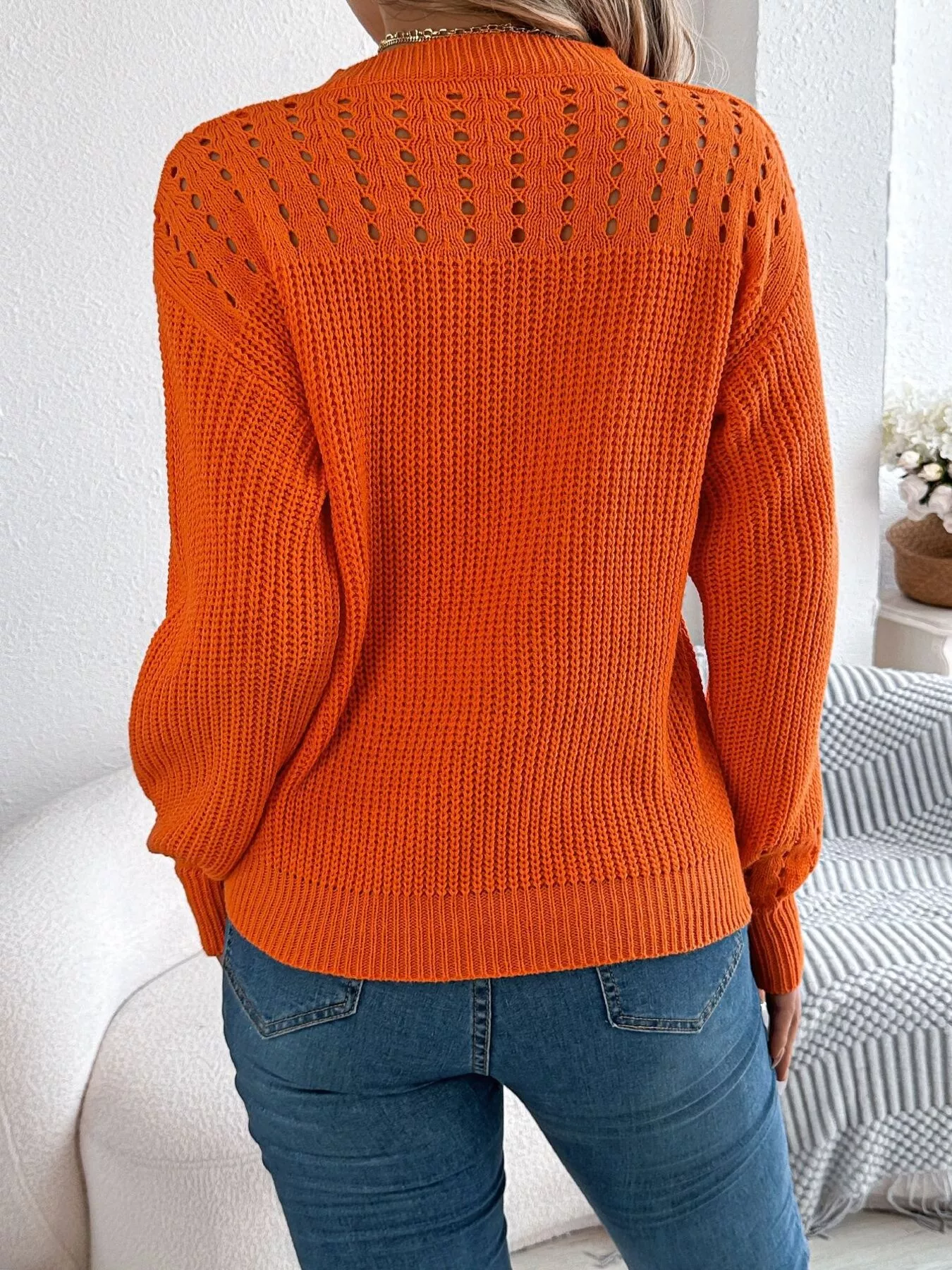 Openwork Round Neck Long Sleeve Sweater - Image 7