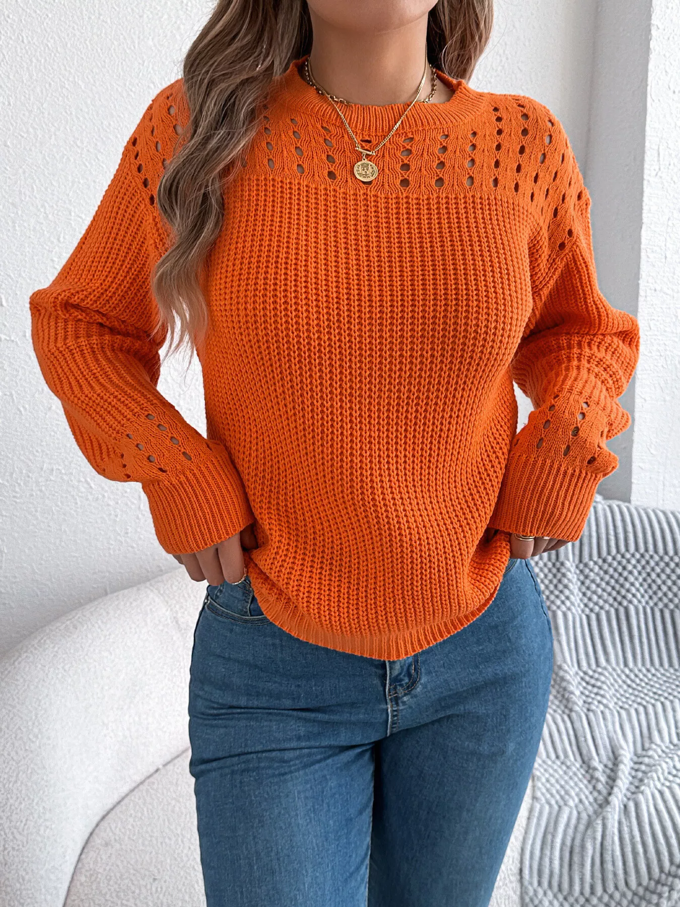 Openwork Round Neck Long Sleeve Sweater - Image 9