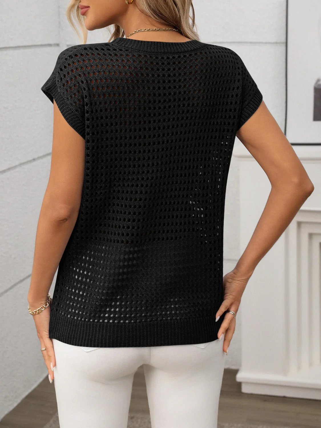 Openwork Round Neck Short Sleeve Knit Cover Up - Image 10