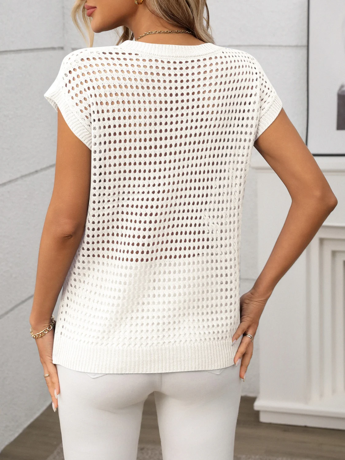 Openwork Round Neck Short Sleeve Knit Cover Up - Image 14