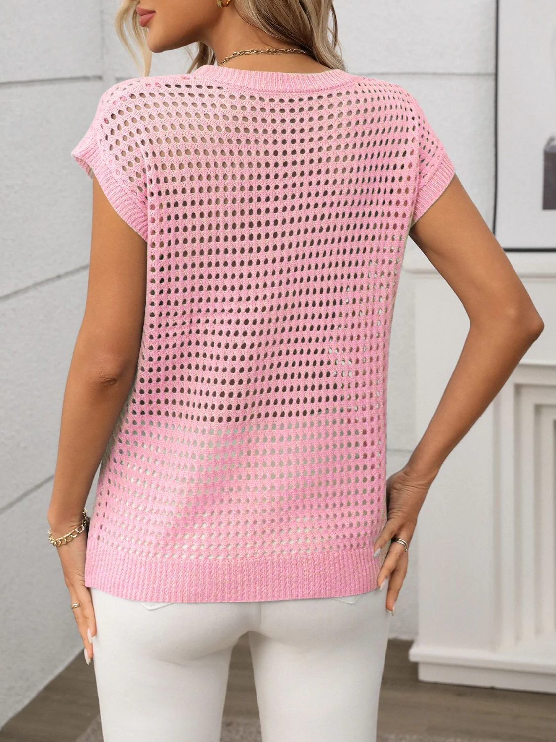 Openwork Round Neck Short Sleeve Knit Cover Up - Image 24