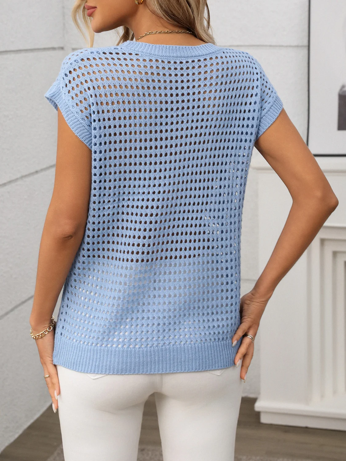 Openwork Round Neck Short Sleeve Knit Cover Up - Image 5