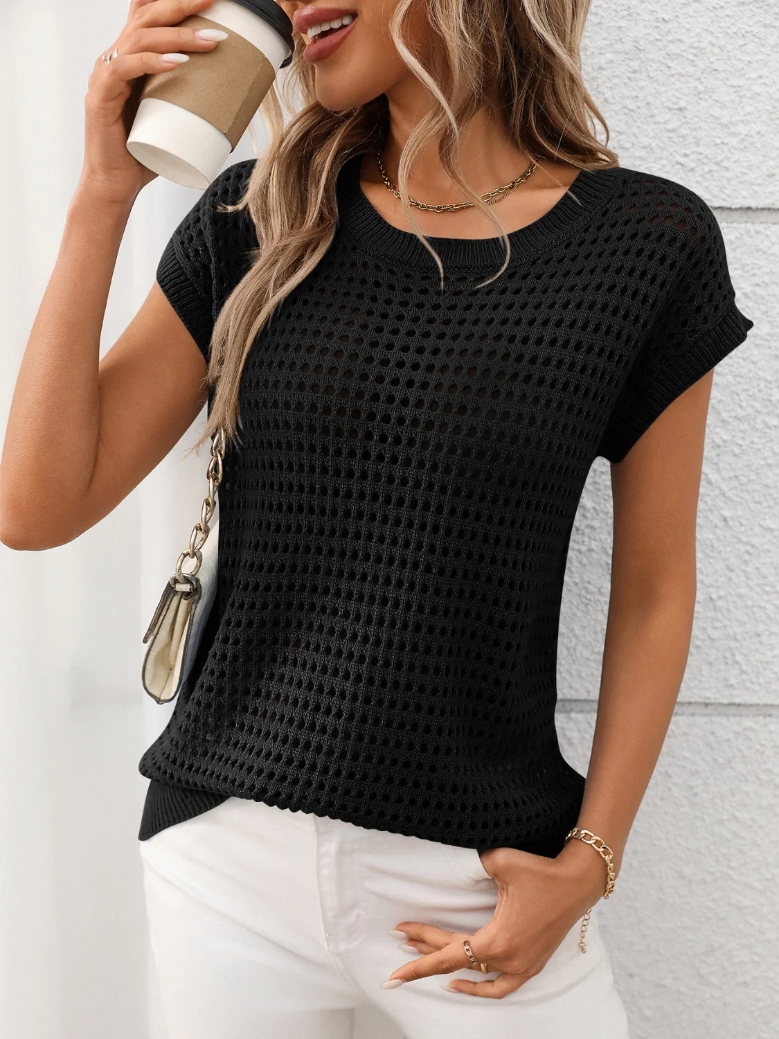 Openwork Round Neck Short Sleeve Knit Cover Up - Image 6
