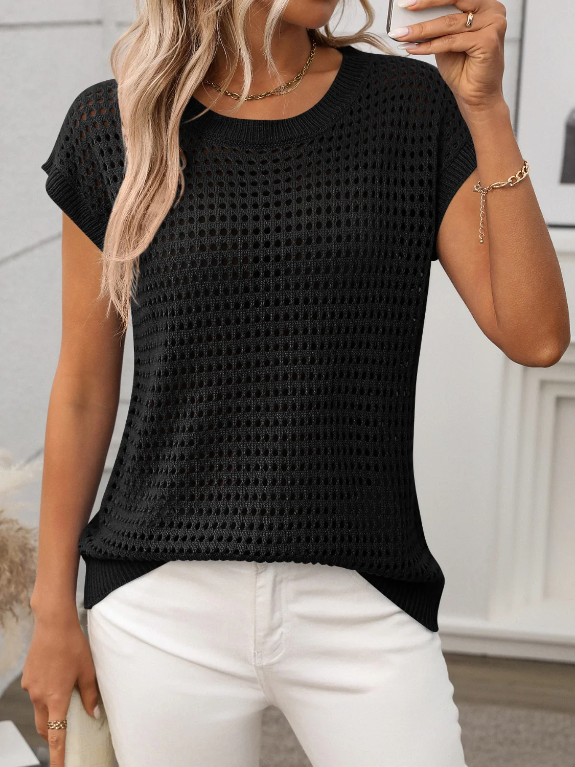 Openwork Round Neck Short Sleeve Knit Cover Up - Image 7