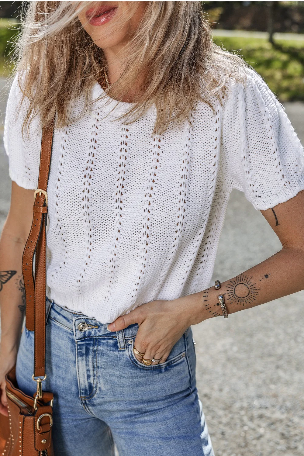Openwork Round Neck Short Sleeve Knit Top - Image 2