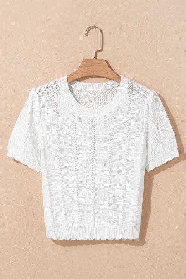Openwork Round Neck Short Sleeve Knit Top - Image 7