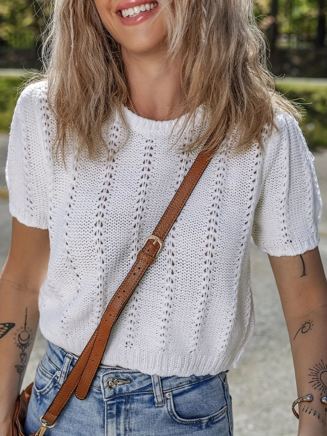 Openwork Round Neck Short Sleeve Sweater - Image 4