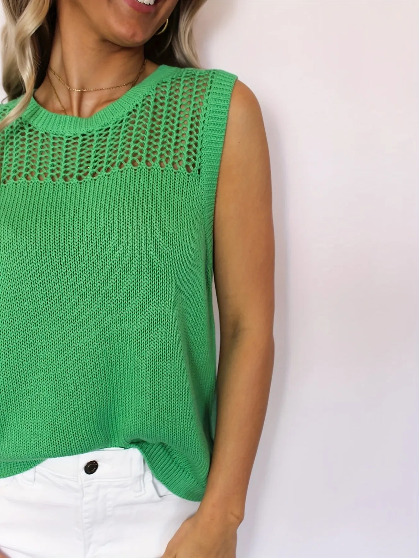 Openwork Round Neck Sweater Vest - Image 5