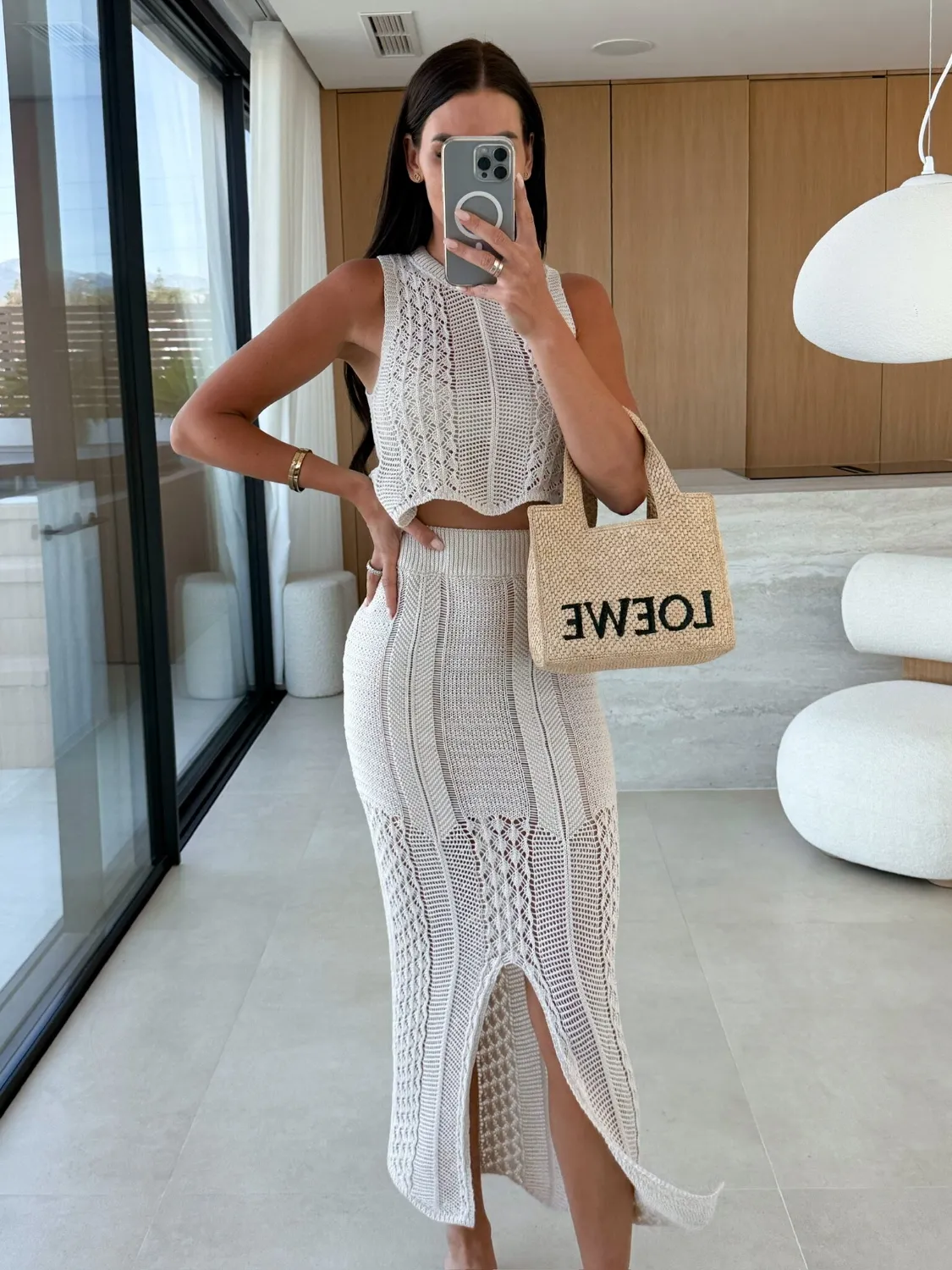 Openwork Round Neck Top and Slit Skirt Sweater Set - Image 17