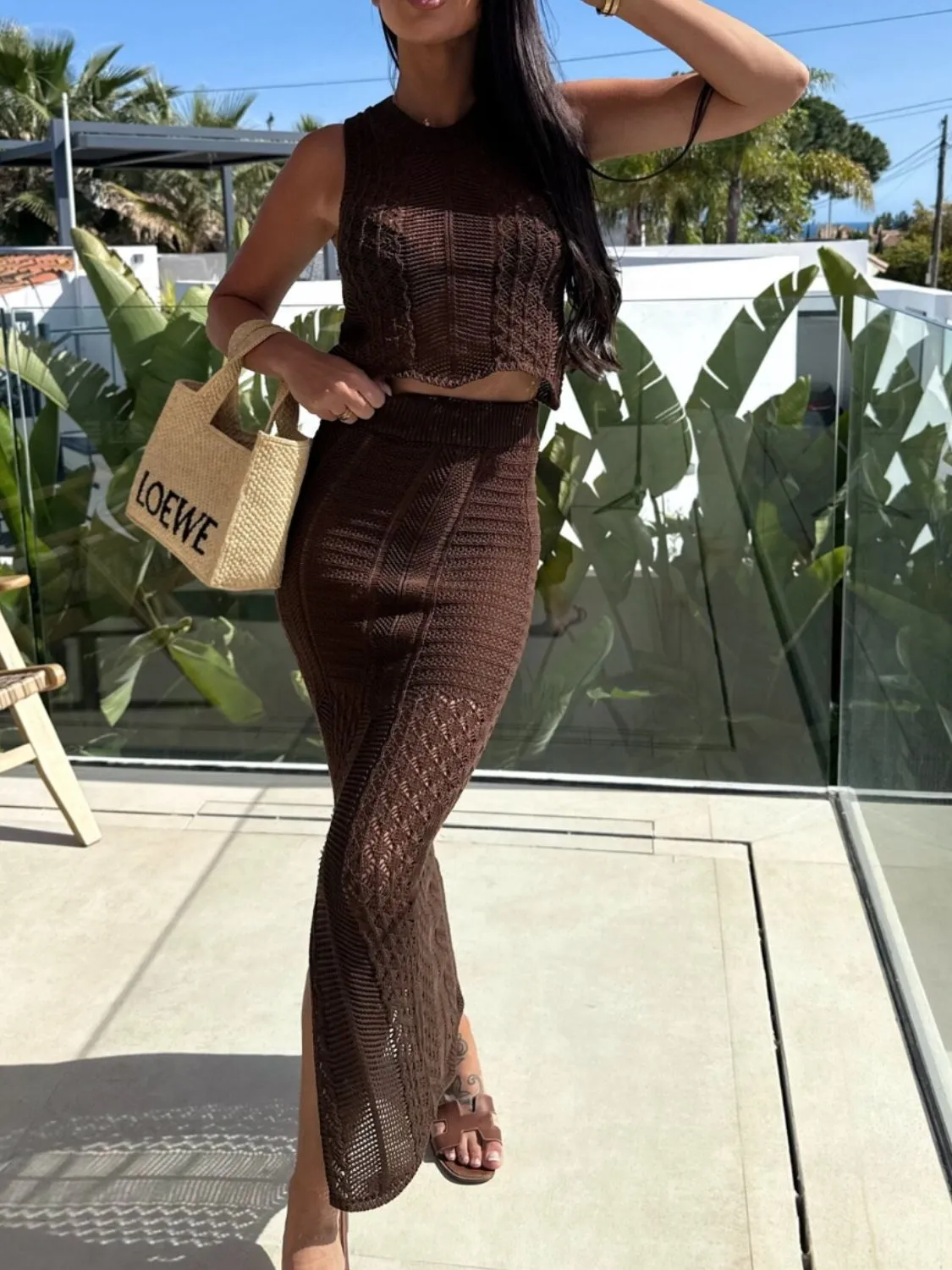 Openwork Round Neck Top and Slit Skirt Sweater Set - Image 7