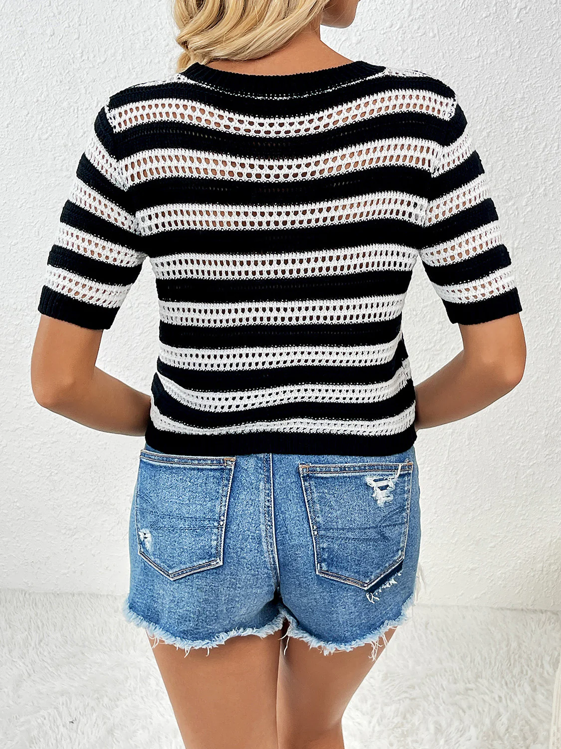 Openwork Striped Round Neck Short Sleeve Knit Top - Image 12
