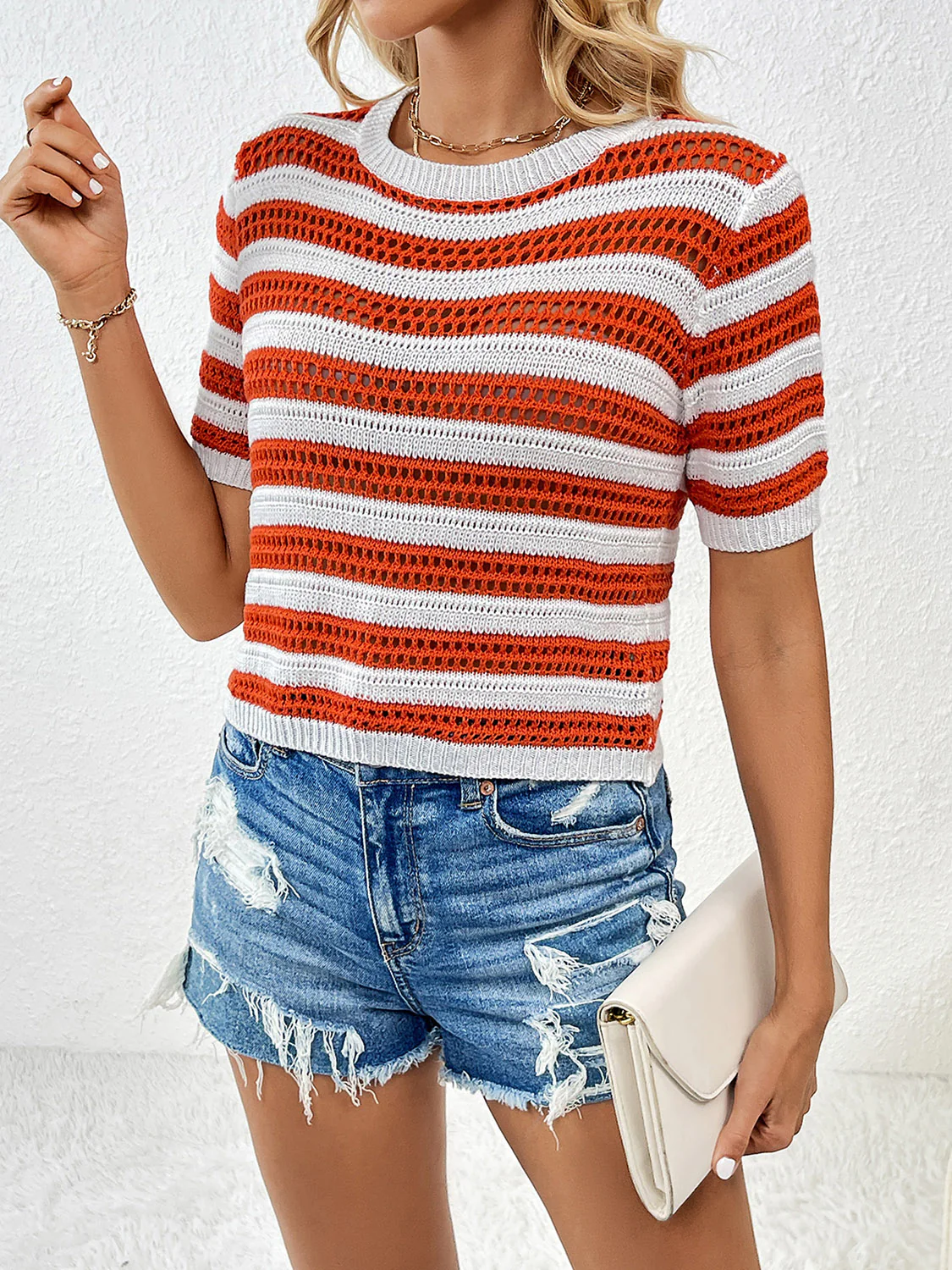 Openwork Striped Round Neck Short Sleeve Knit Top - Image 3