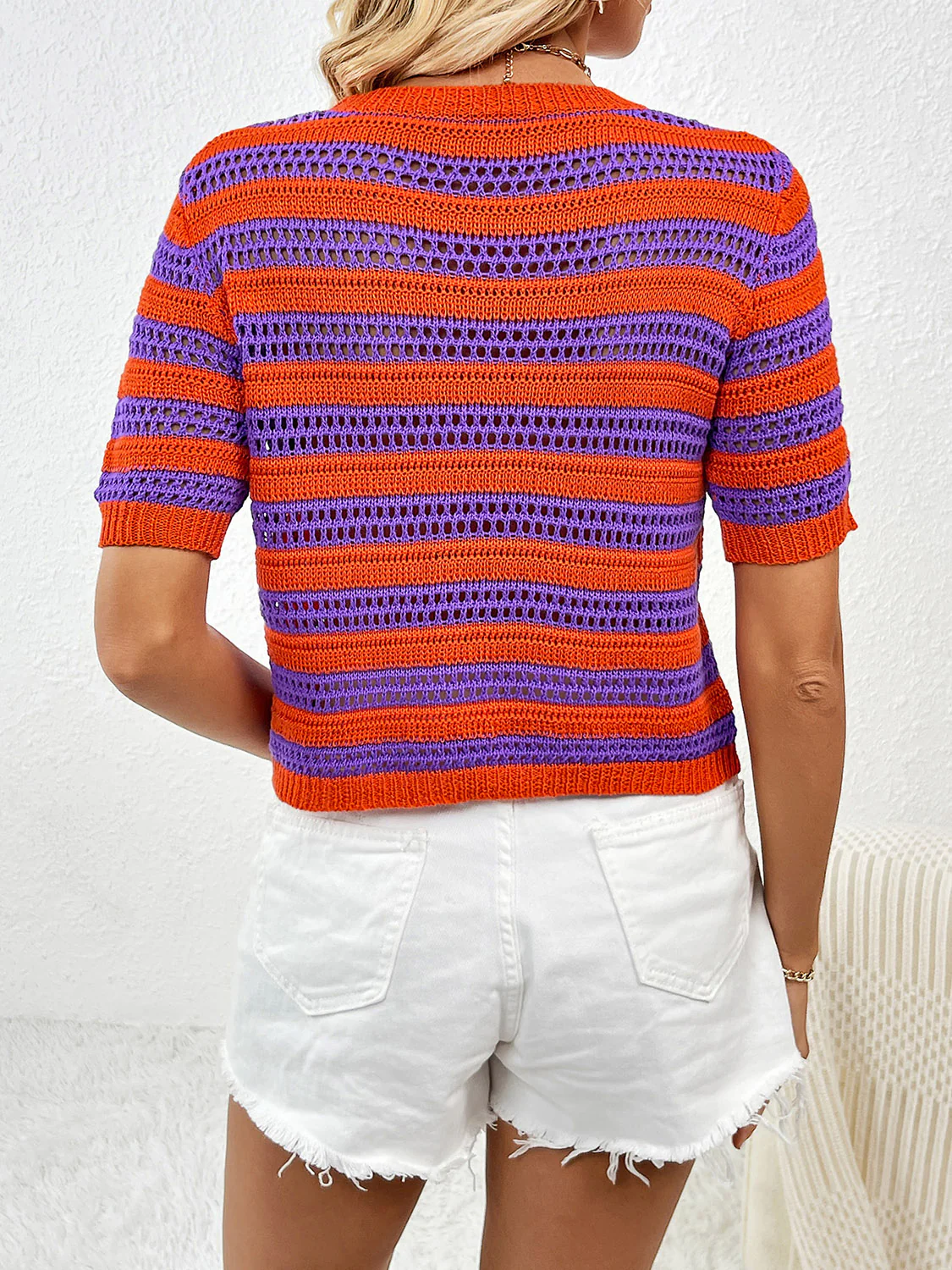 Openwork Striped Round Neck Short Sleeve Knit Top - Image 8