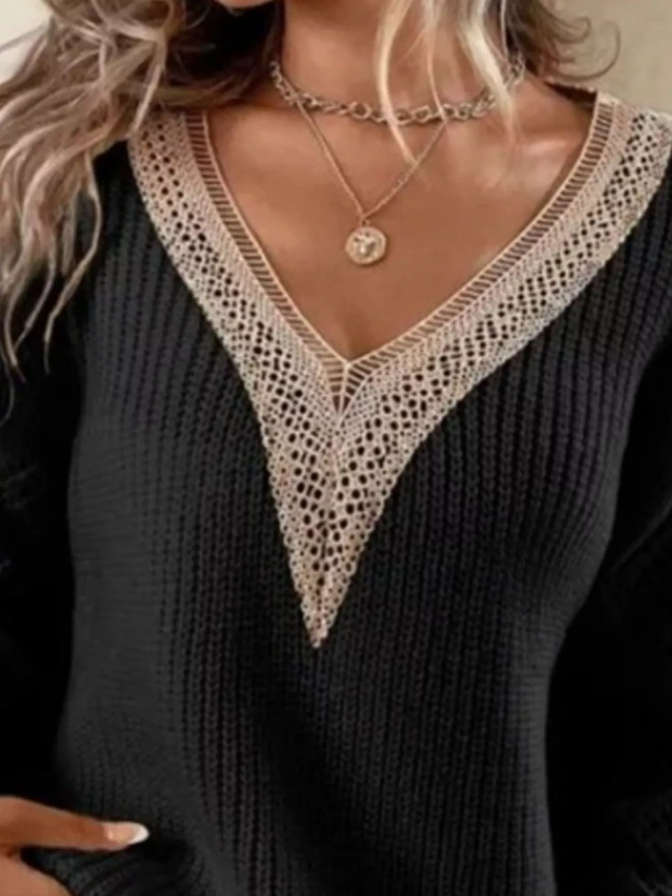 Openwork V-Neck Long Sleeve Sweater - Image 11