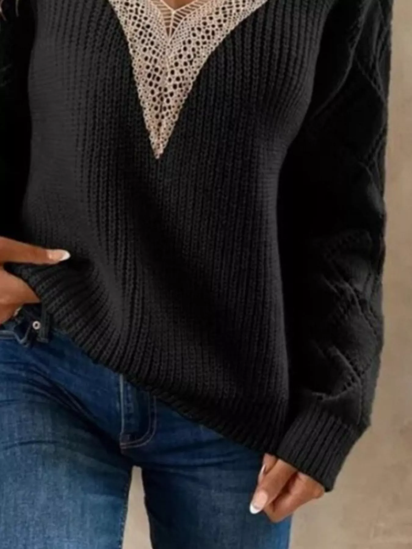 Openwork V-Neck Long Sleeve Sweater - Image 12