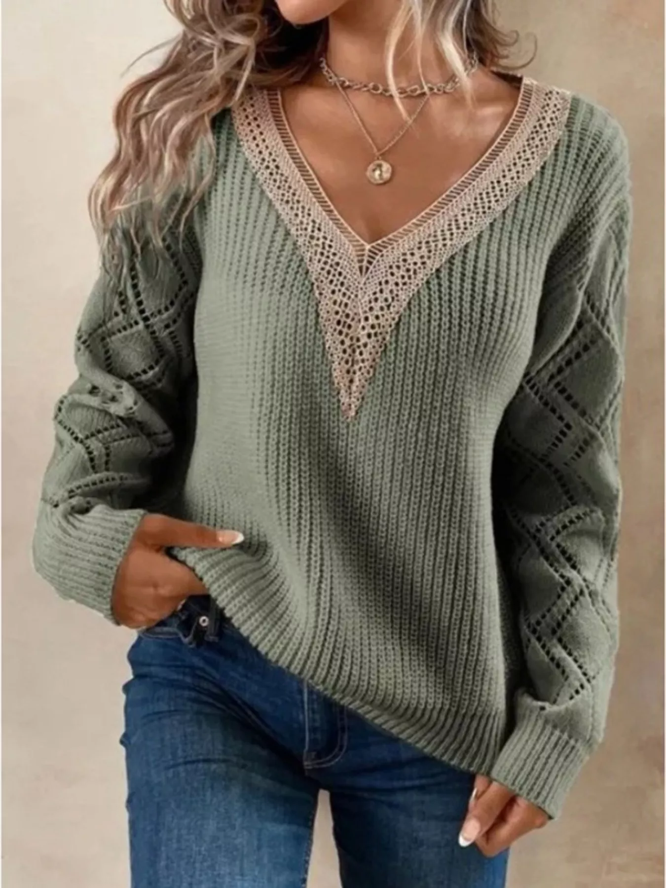 Openwork V-Neck Long Sleeve Sweater - Image 3