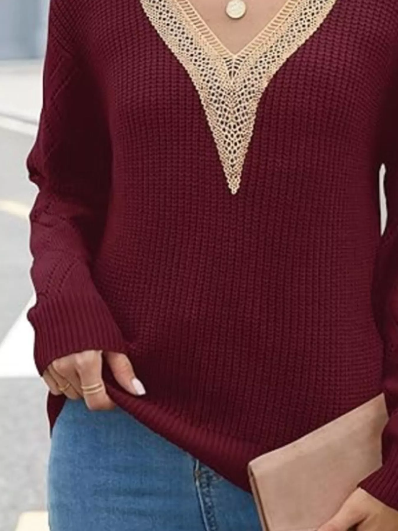 Openwork V-Neck Long Sleeve Sweater - Image 9