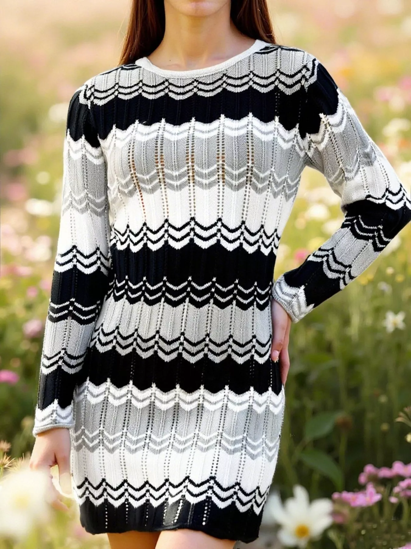 Openwork Wave Pattern Long Sleeve Sweater Dress - Image 7