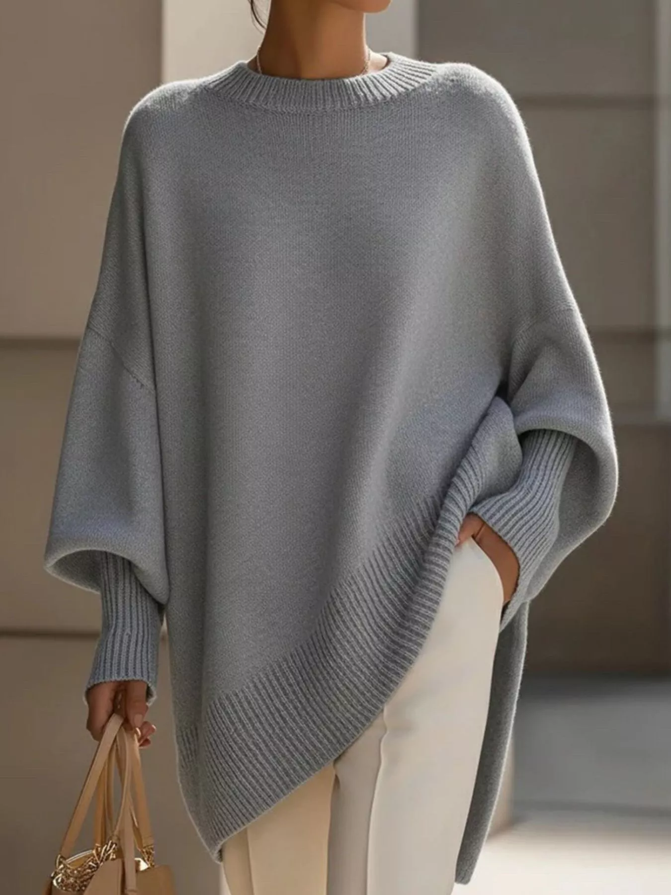 Oversized Batwing Sleeve Round Neck Sweater - Image 4