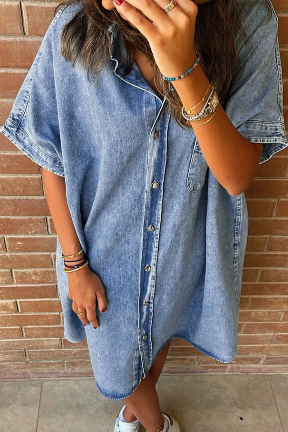 Oversized Button Down Denim Shirt Dress - Image 2