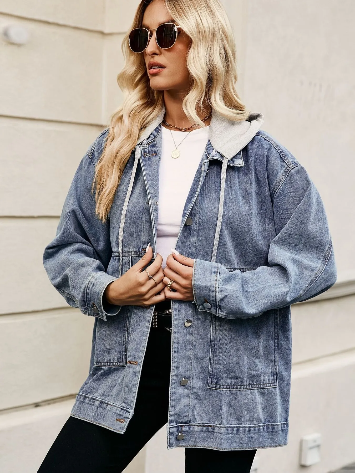 Oversized Button Up Denim Jacket with Hood - Image 9