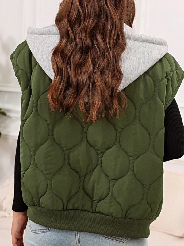 Oversized Drawstring Hooded Zip Up Puffer Vest - Image 5