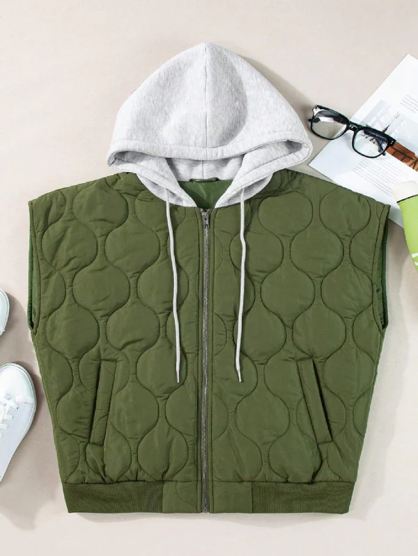 Oversized Drawstring Hooded Zip Up Puffer Vest - Image 6