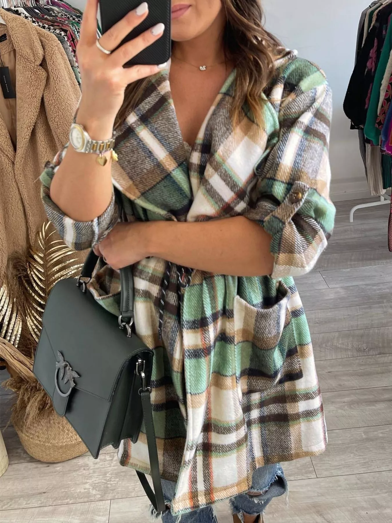 Oversized Drawstring Plaid Button Front Shirt - Image 2