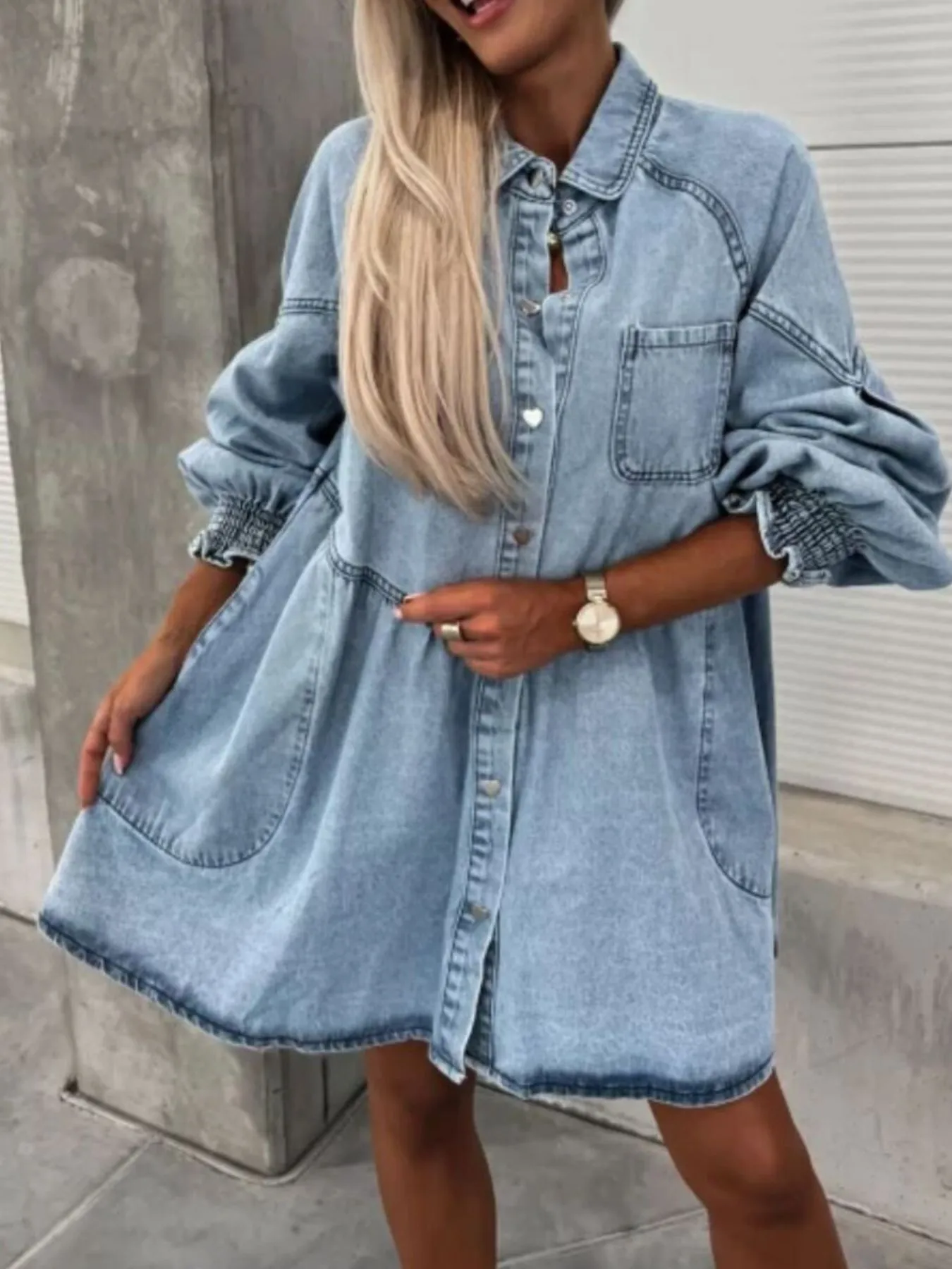 Oversized Long Sleeve Button-Up Denim Dress - Image 2
