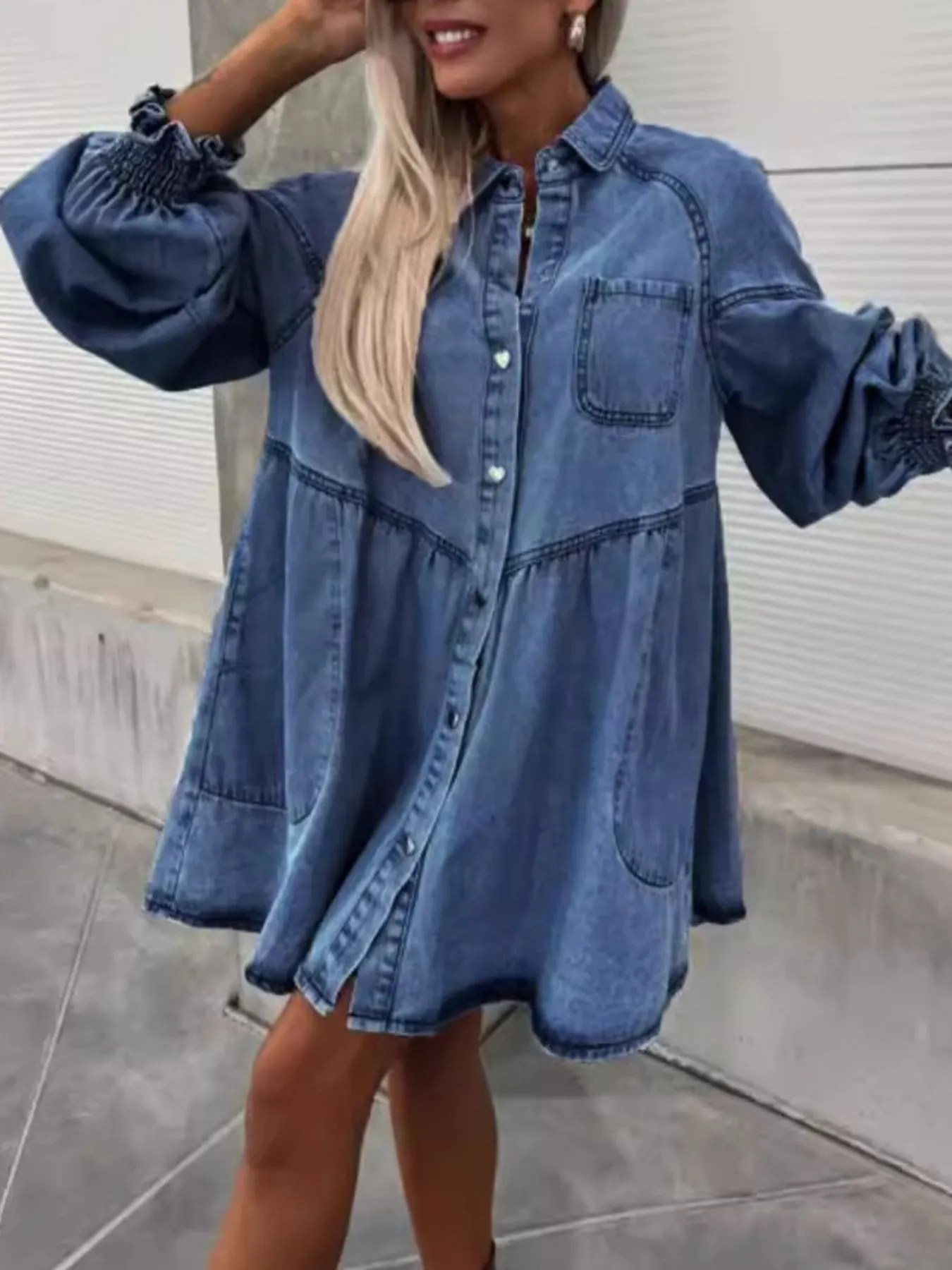 Oversized Long Sleeve Button-Up Denim Dress - Image 5