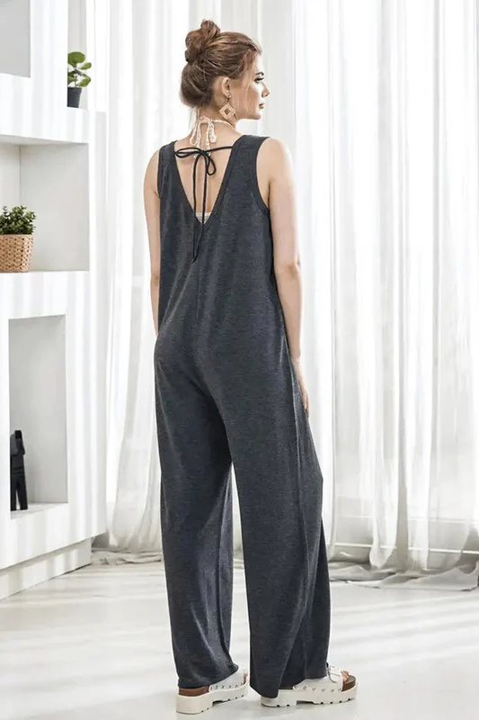 Oversized Patched Pocket V-Neck Jumpsuit - Image 9