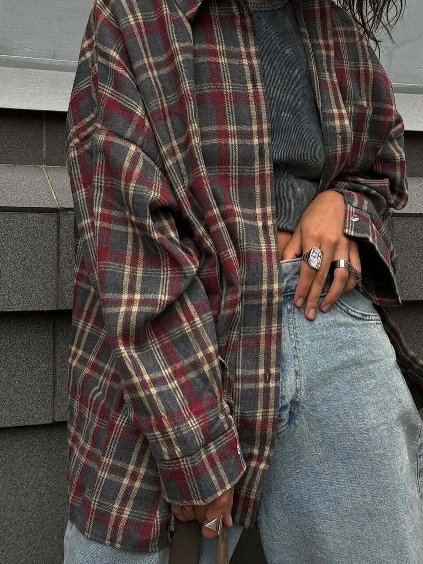 Oversized Plaid Button Up Shirt - Image 4