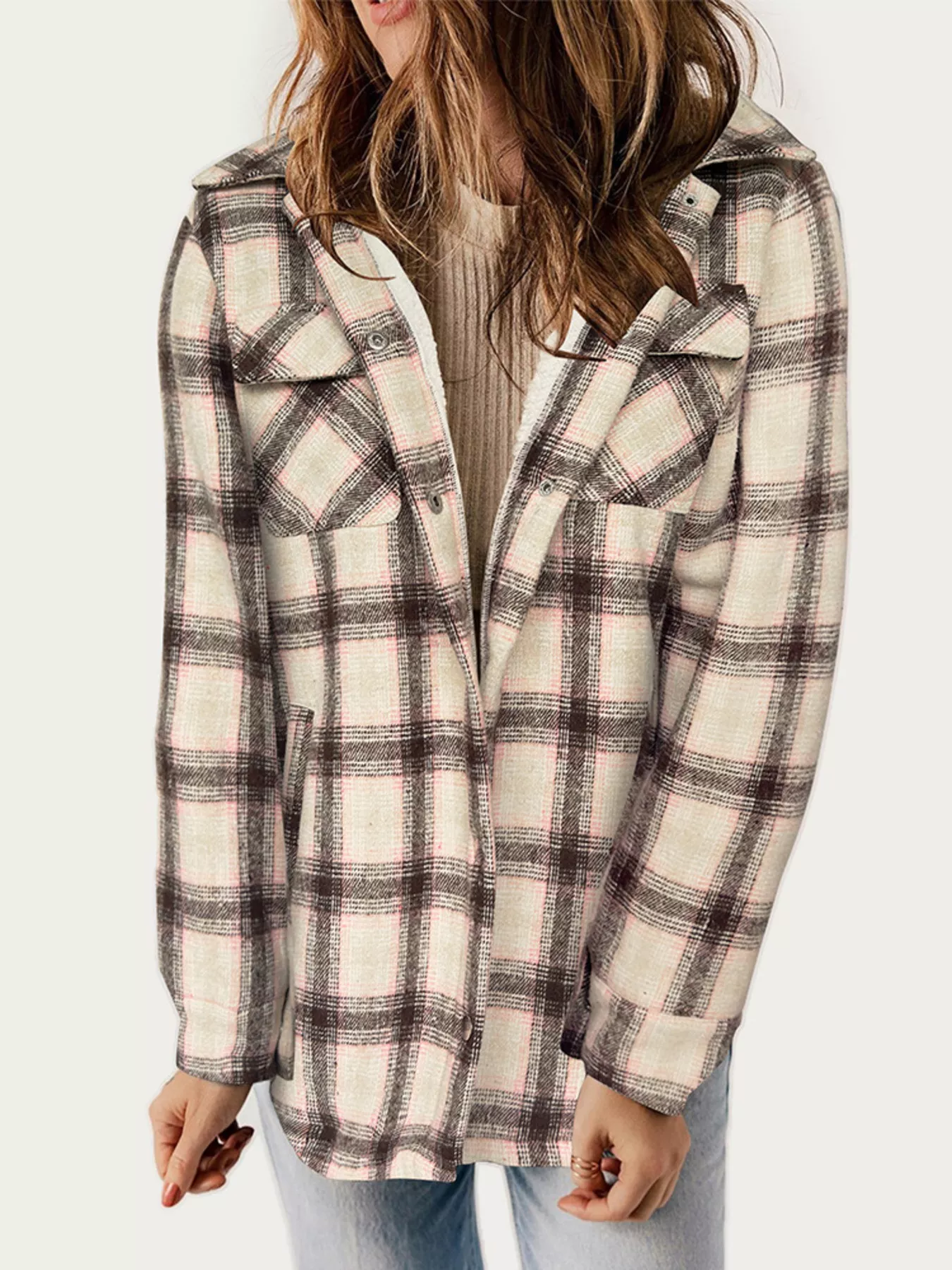 Oversized Plaid Long Sleeve Fleece Jacket - Image 7
