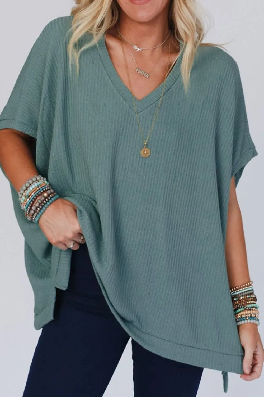 Oversized Ribbed Knit V Neck Dolman Short Sleeve Top - Image 3
