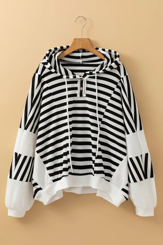 Oversized Striped Henley Buttons Hooded Top - Image 5