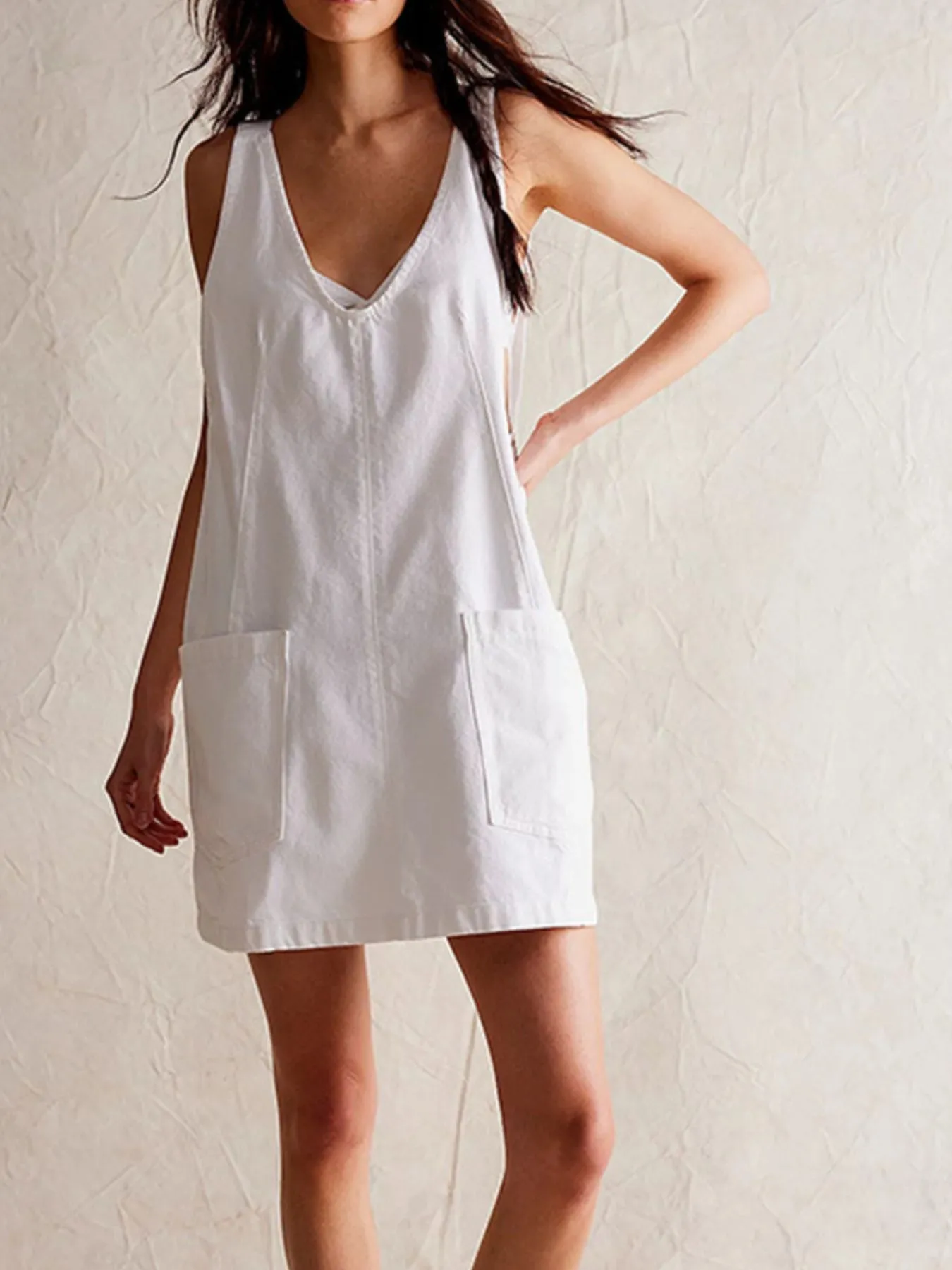 Oversized V-Neck Denim Tank Dress with Front Pockets - Image 15
