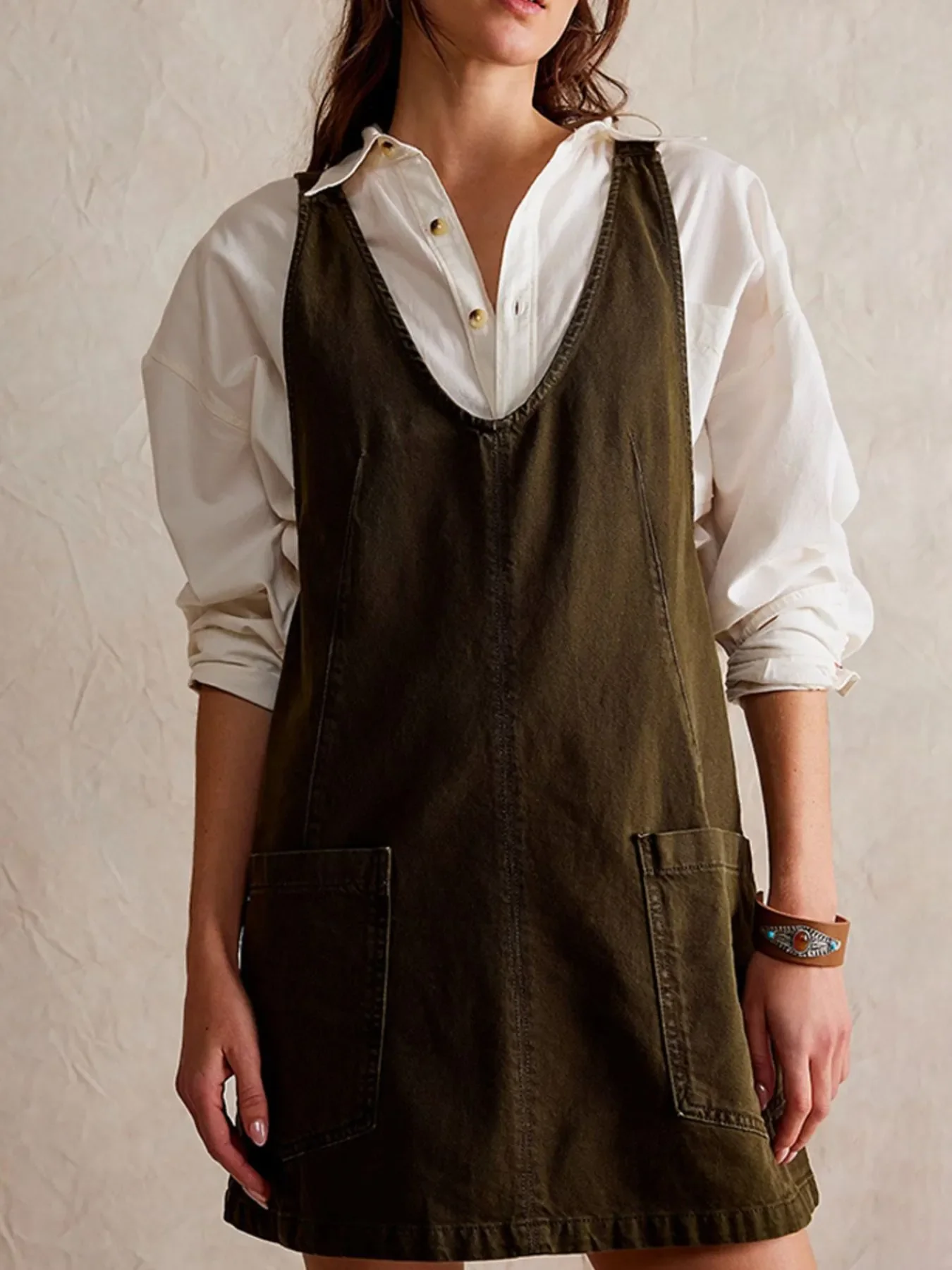 Oversized V-Neck Denim Tank Dress with Front Pockets - Image 8