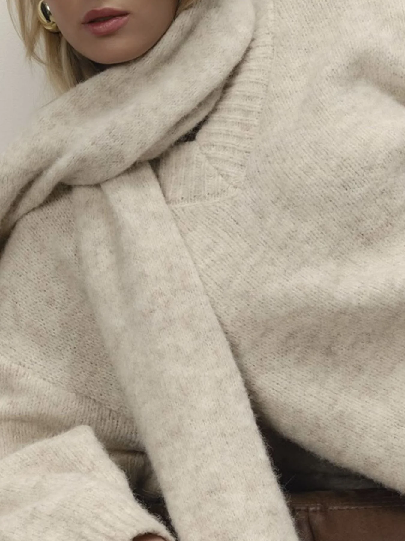 Oversized V-Neck Dropped Shoulder Sweater with Scarf - Image 8