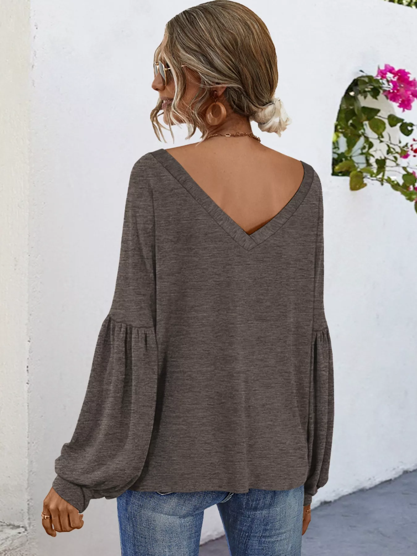 Oversized V-Neck Long Sleeve Blouse - Image 2